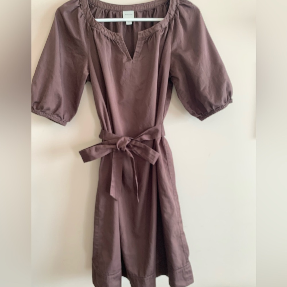 Brown Cotton Shift Dress with Puffed Raglan Sleeves, Optional Belt - Medium